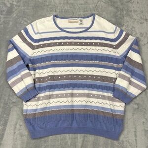 Alfred Dunner Men's Striped Blue and Gray Crewneck Sweater